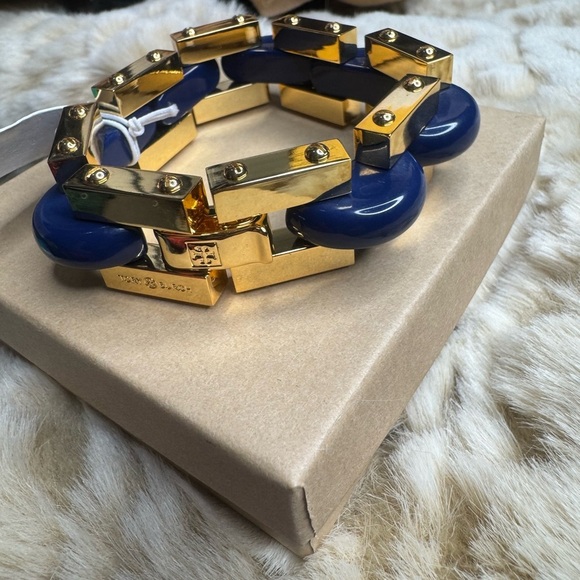 Tory Burch Chunky Gold and Blue Chain Bracelet - Picture 2 of 10